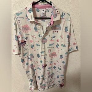 Puma White Polo with Pink & Light Blue Tropical Icons